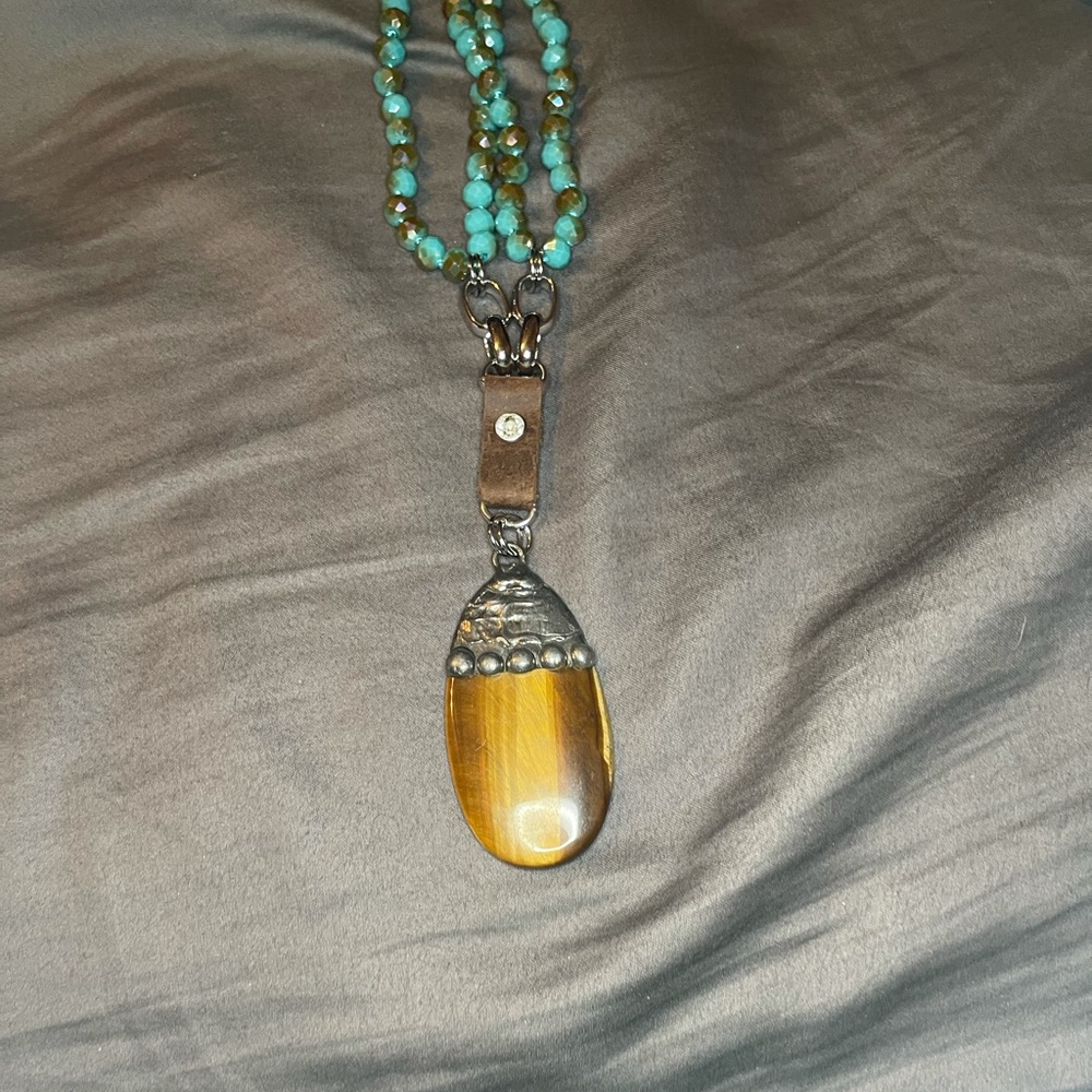 Beautiful bronze stone teal beaded necklace